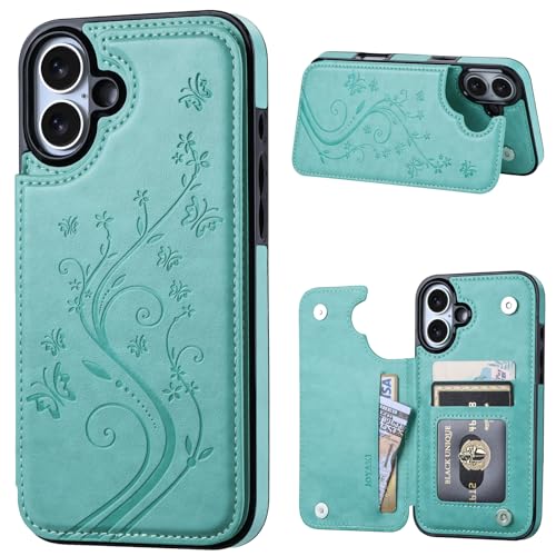 Wallet Case Compatible with iPhone 16 6.1”, Slim Protective Case with Card Holder,Premium PU Leather Kickstand Card Slots Case with Double Magnetic Clasp -Green - color: Green-F, size: iphone 16 6.1"