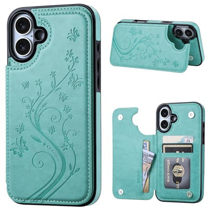 Wallet Case Compatible with iPhone 16 6.1”, Slim Protective Case with Card Holder,Premium PU Leather Kickstand Card Slots Case with Double Magnetic Clasp -Green - color: Green-F, size: iphone 16 6.1"