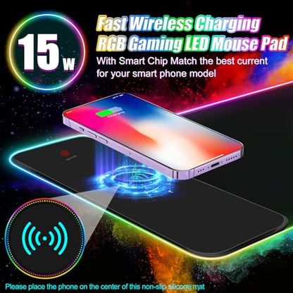 ToLuLu Wireless Charging RGB Gaming Mouse Pad, 15W LED Mouse Mat with 30W Charger, 14 Light Modes Large Mousepad Wrist Support, Non-Slip Rubber Base Desk Mat Computer PC Keyboard Pad XXL, Cool Black - color: Black