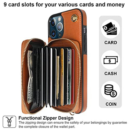 Bocasal Multi-Slot Crossbody Wallet Case for iPhone 12 Pro Max, Brown | RFID Blocking PU Leather Purse Case with Card Holder, Handbag Flip Cover with Zipper Wrist Strap Lanyard for Women 6.7 Inch - color: Brown