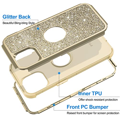Hython Case for iPhone 13 Case Glitter, Cute Sparkly Shiny Bling Sparkle Cover, Heavy Duty 3 in 1 Hybrid Hard PC Soft TPU Bumper Full Body Shockproof Protective Phone Cases for Women Girls, Gold - color: Gold
