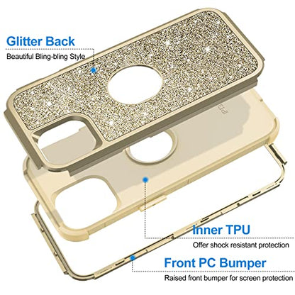 Hython Case for iPhone 13 Case Glitter, Cute Sparkly Shiny Bling Sparkle Cover, Heavy Duty 3 in 1 Hybrid Hard PC Soft TPU Bumper Full Body Shockproof Protective Phone Cases for Women Girls, Gold - color: Gold