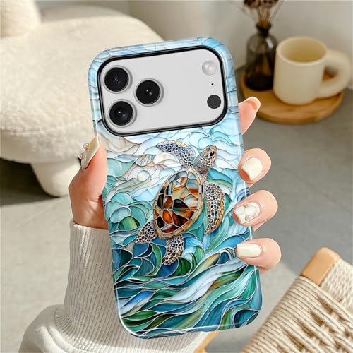 Case Compatible with iPhone 17 Pro, Cute Dual Layer Hybrid Phone Cover, Military Grade Drop Protection, Aesthetic Shockproof Phone Case for Women Girls, Stained Glass Sea Turtle - color: Stained Glass Sea Turtle, size: Iphone 17 Pro