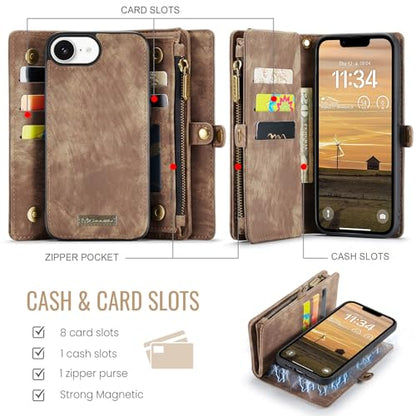 Compatible with iPhone 17E/16E Wallet Case with Magsafe,Brown | Magnetic Detachable Case,Card Holder,Zipper Pocket,Strap Wristlet, Soft Leather Drop-Proof Phone Case for iPhone 17E/16E - color: (Detachable and Magsafe)-Brown, size: iPhone 16E/17E 6.1 Inch