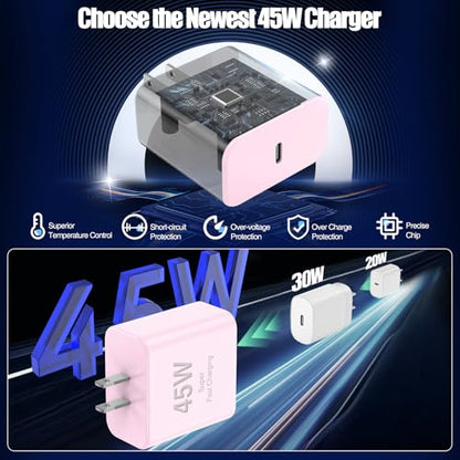 45W USB C Fast Charger for iPhone 17/ Air/16/15 Pro Max - color: Pink, size: 2Pack-10FT-iPhone15-17