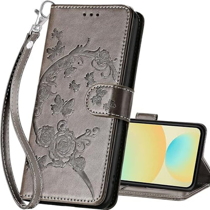 for Samsung Galaxy S24 FE Wallet case, Gray Flower | 3 Card Holders, Kickstand, Shockproof TPU Shell, PU Leather, Magnetic Closure, Protective Flip Folio Cover, Women - color: 9