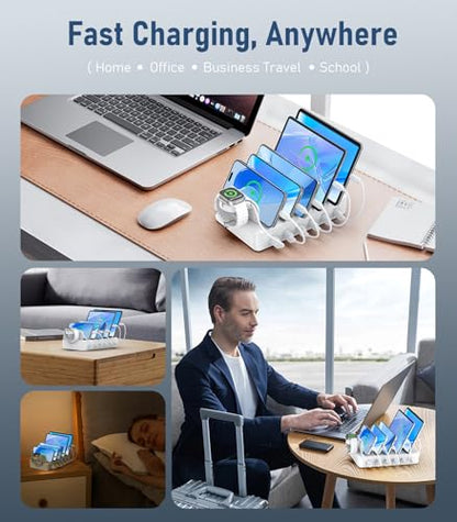 96W Charging Station for Multiple Devices,6 Ports USB C Organizer Charger