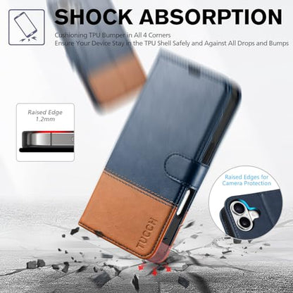 TUCCH Wallet Case for iPhone 17 (6.3") 2025, 4 Card Holders, Blue & Brown | RFID Blocking, Viewing Stand, Shockproof TPU Shell, PU Leather, Magnetic Closure, Protective Folio Flip Cover - color: Two-tone Blue & Brown