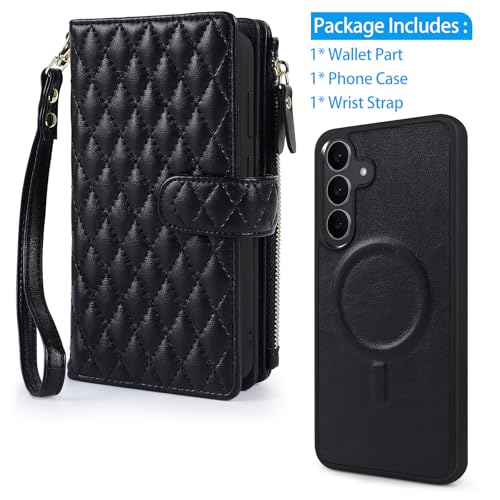 Harryshell Detachable Wallet Case for Samsung Galaxy S25 FE Compatible with Magsafe RFID Blocking Card Slots Removable Phone Cover Zipper Purse Kickstand Wrist Strap for Men Women Quilted Black - color: Quilted Black