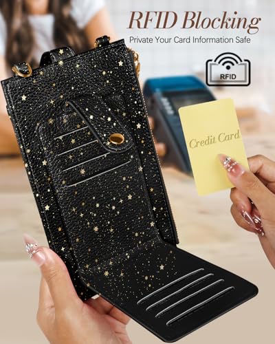 Miss Adola RFID Cell Phone Purse Crossbody Bag for Women | RFID Blocking, Card Slots, Dual Straps, Leather Phone Wallet, Magnetic Buckle, Smooth Zipper, Crossbody Purse for Daily Use - color: Black Sun Moon