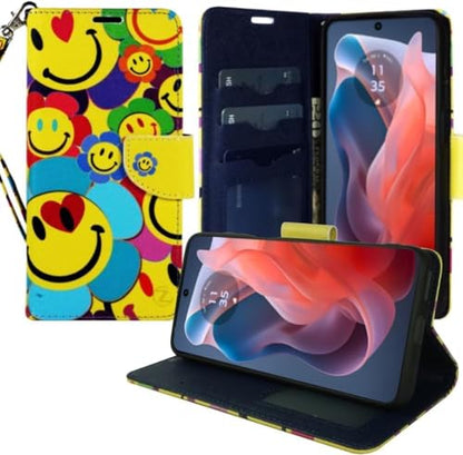 Zase for Motorola Moto G Power 5G (2025/2026) Wallet Phone Case Purse Protective Premium PU Leather Magnetic Closure w/Kickstand ID Card Slot Wrist Strap Cute Design (Smiley Face) - color: Smiley Face