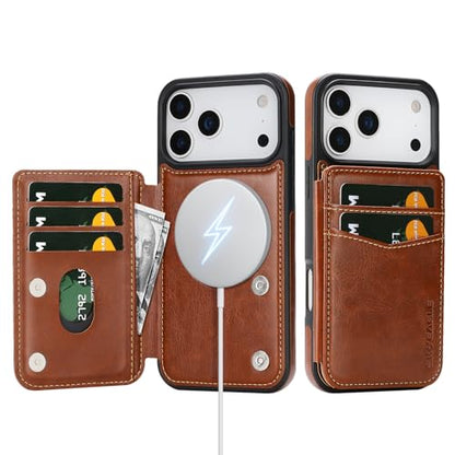 SkyEagle Compatible with MagSafe iPhone 17 Pro Max Case Wallet,Brown | Magnetic Clasp,RFID Blocking,PU Leather,Flip Folio Shockproof Phone Cover,with Credit Card Slots & Kickstand for Men & Women - color: Brown, size: iPhone 17 Pro Max - 6.9"