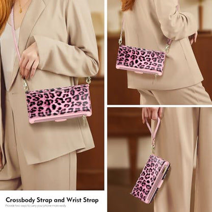 Antsturdy Crossbody Phone Wallet Case for iPhone 15 Pro,Leopard - Pink | RFID Blocking,PU Leather Flip Cover,Kickstand,with Credit Card Holder,Wrist Strap Lanyard & Handbag Purse,for Women & Men - color: (Crossbody) - Leopard-Pink