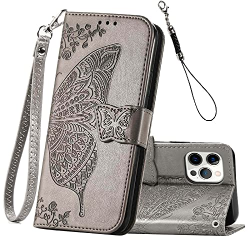 for iPhone 12 Pro/iPhone 12 Wallet Case,Women Flip Folio Cover with Butterfly Embossed PU Leather Kickstand Credit Card Holder Slots Wrist Strap for iPhone 12/12 Pro 6.1 inch (Gray) - color: Gray