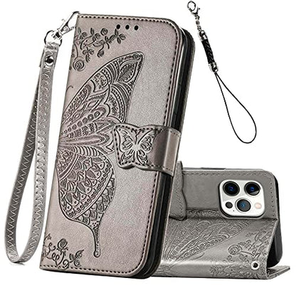 for iPhone 12 Pro/iPhone 12 Wallet Case,Women Flip Folio Cover with Butterfly Embossed PU Leather Kickstand Credit Card Holder Slots Wrist Strap for iPhone 12/12 Pro 6.1 inch (Gray) - color: Gray