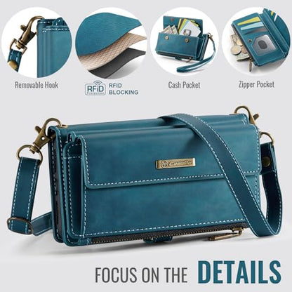 Wallet Case for iPhone 6 Plus/7 Plus/8 Plus – RFID Blocking PU Leather Phone Case with Card Holder, Zipper Pocket, Kickstand, Magnetic Closure, Shoulder & Wrist Strap, Blue Green - color: Blue Green, size: iPhone 6 Plus/7 Plus/8 Plus