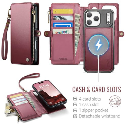 for iPhone 17 Pro - Phone Case Wallet Magnetic Detached, Burgundy - color: Burgundy, size: iPhone 17 Pro