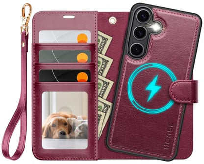 OCASE for Samsung Galaxy S25 Detachable Wallet Case, Burgundy | 2-in-1, Card Holder, RFID Blocking, Stand, Wrist Strap, Shockproof, Wireless Charging, Magnetic, PU Leather Flip Phone Cover - color: Burgundy, size: Samsung Galaxy S25