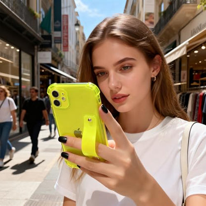 Compatible for iPhone 12 Case with Strap Holder Stand - Neon Green | Wristband Kickstand, Clear Soft TPU, Adjustable Finger Hand Grip Loop, Shockproof Bumper Rugged Cover - color: Neon Green, size: iPhone 12 6.1"