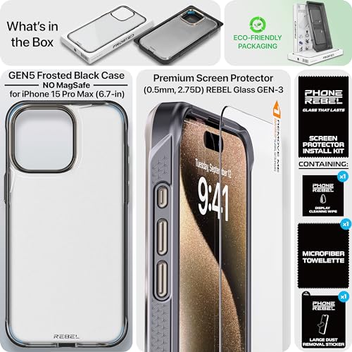 REBEL Clear Case for iPhone 15 Pro Max [Frosted Series Gen-5] Translucent Matte Texture, Grippy Sides, Non-Yellowing, Protective Shockproof Bumpers, Metal Lens & Buttons, 6.7 Inch Phone 2023 - color: Frosted Black, No MagSafe, size: iPhone 15 Pro Max