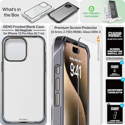 REBEL Clear Case for iPhone 15 Pro Max [Frosted Series Gen-5] Translucent Matte Texture, Grippy Sides, Non-Yellowing, Protective Shockproof Bumpers, Metal Lens & Buttons, 6.7 Inch Phone 2023 - color: Frosted Black, No MagSafe, size: iPhone 15 Pro Max