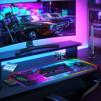 AIMSA Wireless Charging RGB Gaming Mouse Pad 15W, Extended LED Desk Mat Protector 800x300x4MM, 14 Light Modes Extra Large Mousepad Non-Slip Rubber Base Desk Mat, Galaxy Nebula Universe - color: Galaxy Nebula Universe
