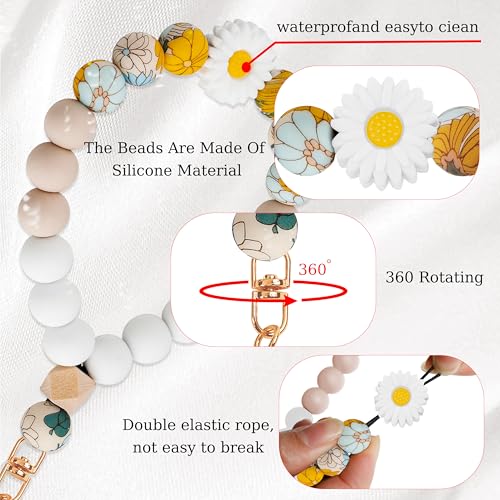 Silicone Beaded Phone Wrist Strap for Women, Elastic Wristlet - color: White Daisy