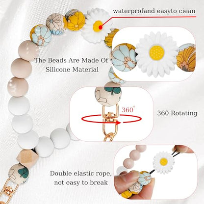 Silicone Beaded Phone Wrist Strap for Women, Elastic Wristlet - color: White Daisy