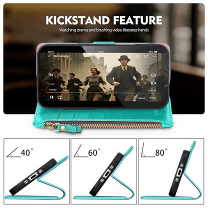Compatible with iPhone 17e / 16e Wallet Case with Card Holder RFID Blocking Zipper Poket PU Leather Flip Phone Case with Wrist Strap Credit Card Slots Men Women,Blue Green - color: Blue Green