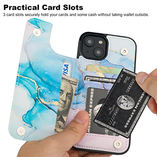 HAOPINSH for iPhone 14 Wallet Case with Card Holder, Pink Blue Marble Pattern Back Flip Folio PU Leather Kickstand Card Slots Case for Women Girls, Double Magnetic Clasp Shockproof Cover 6.1" - color: Pink Blue Marble
