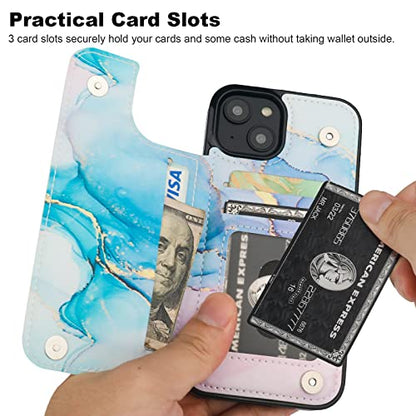 HAOPINSH for iPhone 14 Wallet Case with Card Holder, Pink Blue Marble Pattern Back Flip Folio PU Leather Kickstand Card Slots Case for Women Girls, Double Magnetic Clasp Shockproof Cover 6.1" - color: Pink Blue Marble