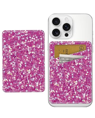 Phone Card Holder, Dual Pocket Leather Phone Wallet Adhesive Stick On, Cute Card Holder, Credit Card Holder for Phone Case Pink Sparkles - color: Pink Sparkles