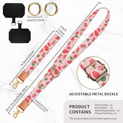 Phone Lanyard Crossbody Wrist Strap, Universal Adjustable Neck Strap for Phone Case Keys ID Badges - color: Watercolor Pink Strawberry