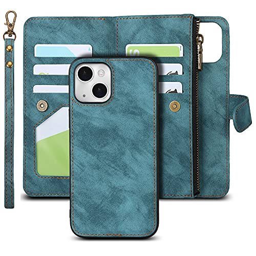iCoverCase Compatible with iPhone 13 Wallet Phone Case with Card Holder, PU Leather Zipper Pocket Magnetic Detachable Flip Case with Wrist Strap (Blue) - color: Detachable--Blue