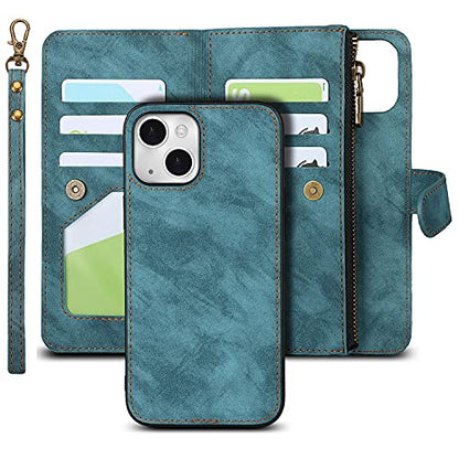 iCoverCase Compatible with iPhone 13 Wallet Phone Case with Card Holder, PU Leather Zipper Pocket Magnetic Detachable Flip Case with Wrist Strap (Blue) - color: Detachable--Blue