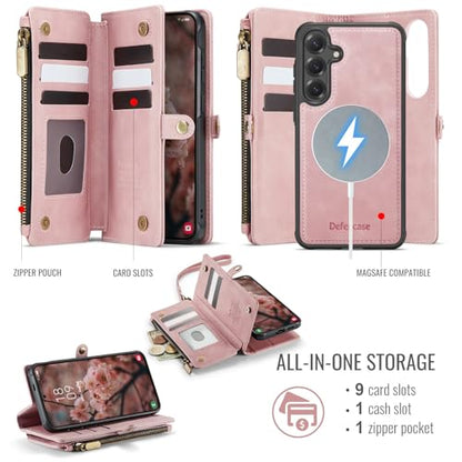 Defencase for Galaxy S25 Case Wallet Compatible with Magsafe 6.2", Rosepink | Magnetic Detachable, with RFID Bolcking Card Holder, Zipper Strap, PU Leather Drop-Proof Phone Cover for Samsung Galaxy S25 - color: (Detachable with Magsafe)-Pink
