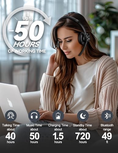 TECKNET Wireless Headset, Bluetooth Headset with Noise Cancelling Microphone - Rechargeable Bluetooth V5.2 Headphones, 50H Playtime & Mic Mute, On Ear Headphones for Trucker/Remote Work/Call Center