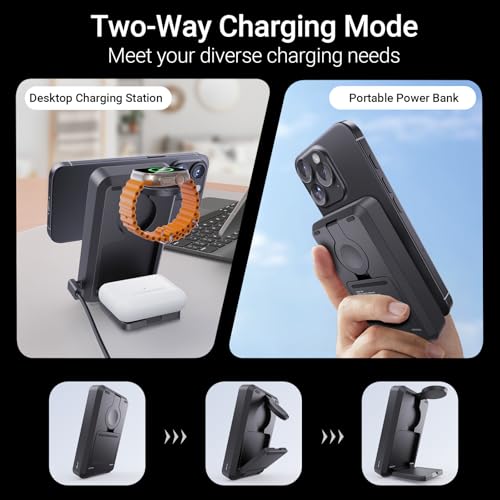 Kysson 5-in-1 Portable Charger,10000mAh Foldable Power Bank Fast Charging,MagSafe Charger Battery Pack Magnetic,Travel Wireless Charging Station for iPhone 17/16/15/14/13/12,iWatch,Air pods, Black