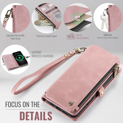 Defencase for iPhone 14 Plus Wallet Case with RFID Card Holder, Rose Pink | Durable Soft PU Leather, with Zipper Pocket, Wrist Strap, Fashion Snap Flip Phone Cases Cover with Stand for Women and Men - color: Rose Pink