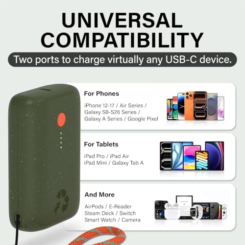 Nimble Champ Portable Charger, 10000mAh Power Bank, 20W Dual USB-C Charging - color: Outdoor Green