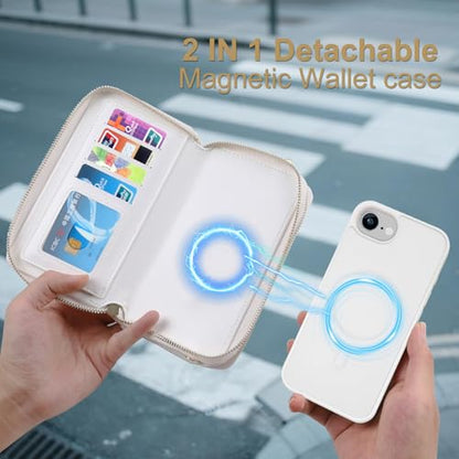 Harryshell Compatible with iPhone 16e / 17e Case Wallet Multi Zipper Detachable Removable Cover Purse with RFID Blocking Card Slots Holder Mirror Crossbody Strap (Compatible with Magsafe - White) - color: Compatible with Magsafe - White, size: iPhone 16e
