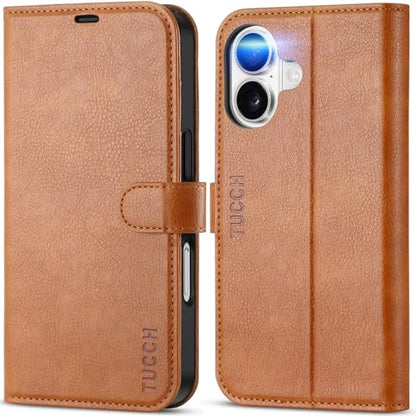 TUCCH Wallet Case for iPhone 16 (6.1") 2024, 4 Card Holders, Light Brown | RFID Blocking, Viewing Stand, Shockproof TPU Shell, PU Leather, Magnetic Closure, Protective Folio Flip Cover - color: Textured Light Brown