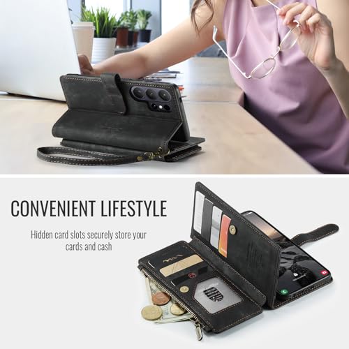 Compatible with Samsung Galaxy S26 Ultra Wallet Case with Card Holder Kickstand Magnetic Zipper Pocket Lanyard Strap Wristlet,Leather Flip Case Wallet for Galaxy S26 Ultra 6.9 Inch (Black) - color: Black, size: S26 Ultra 6.9 Inch