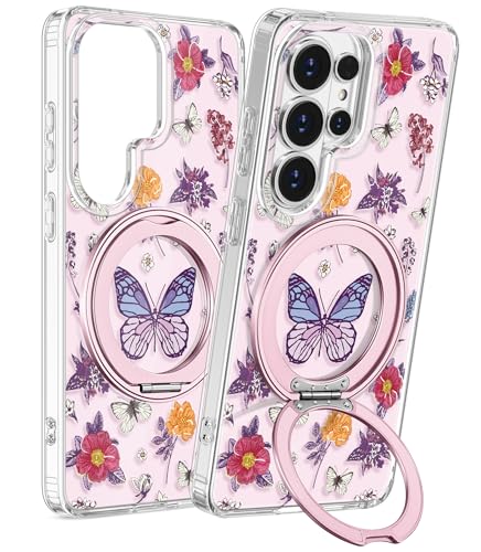 for Samsung Galaxy S26 Ultra Case with Stand - Cute Soft TPU Clear Phone Cover for Women Girls Compatible with Magsafe Girly Unique Design with Magnetic Ring for S26 Ultra, Purple Butterfly - color: Purple Butterfly, size: for Samsung Galaxy S26 Ultra