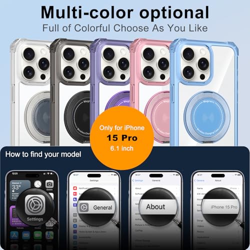Clear Case for iPhone 15 Pro with Magnetic 360 Rotatable Ring Stand | Military Grade Heavy Duty Cover with 360 Rotatable Ring Kickstand -260417 - color: Clear Purple, size: iPhone 15 Pro