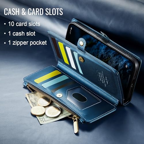 Defencase for iPhone 16 Pro Max Wallet Case with RFID Card Holder, DarkBlue | Durable Soft PU Leather, with Zipper Pocket, Wrist Strap, Fashion Snap Flip Phone Cases Cover with Stand for Women and Men - color: Dark Blue