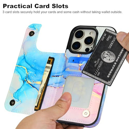 HAOPINSH for iPhone 16 Pro Wallet Case with Card Holder, Pink Blue Marble Pattern Back Flip Folio PU Leather Kickstand Card Slots Case for Women Girls, Double Magnetic Clasp Shockproof Cover 6.3" - color: Pink Blue Marble
