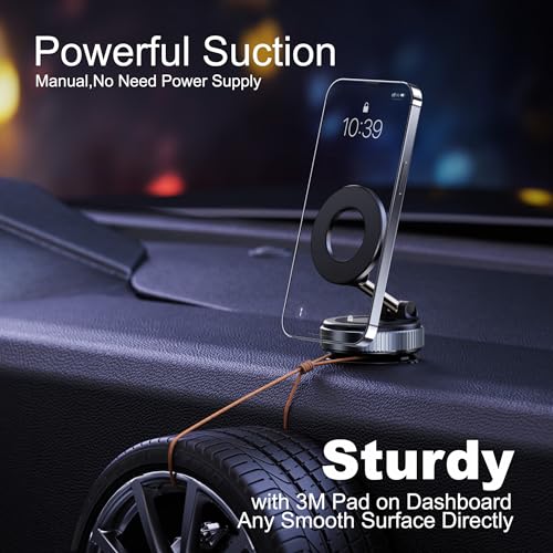 Magnetic Phone Holder for Car,Vacuum Suction Cup Phone Mount,Magsafe Car Mount for iPhone, No Need Charge,Folding Holder for iPhone and Android