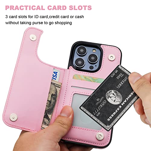 ONETOP for iPhone 14 Pro Wallet Case with Credit Card Holder,Pink | Kickstand,ID/Cash Holder,Case Wallet with Card Slots,Double Magnetic Clasp,Durable PU Leather Shockproof Cover for Women Men - color: Pink