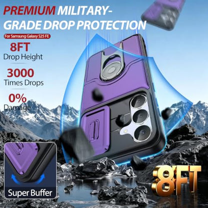 Dizn for Samsung Galaxy S25 FE Case:with Camera Lens Cover,[2 Pcs] Tempered Glass Screen Protector,Strap & 360°Ring Stand,Military-Grade Shockproof Protective 6.5-Inch Samsung S 25 FE,Purple - color: Purple